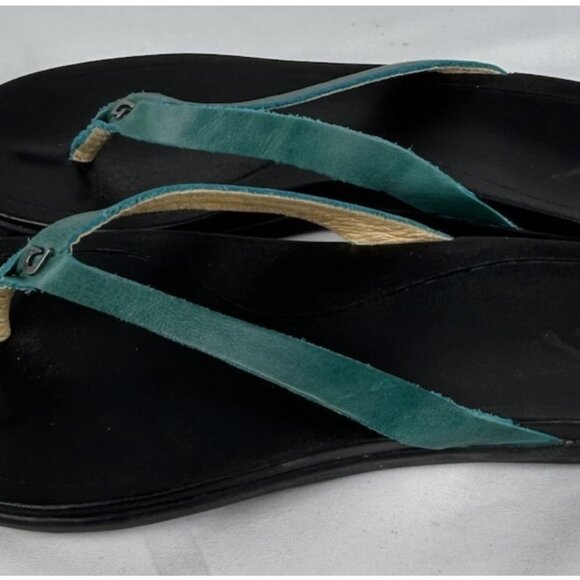 Olukai Ho'Opio Turquoise Black Leather Flip Flops Thongs Sandals Womens 7 - Picture 3 of 5